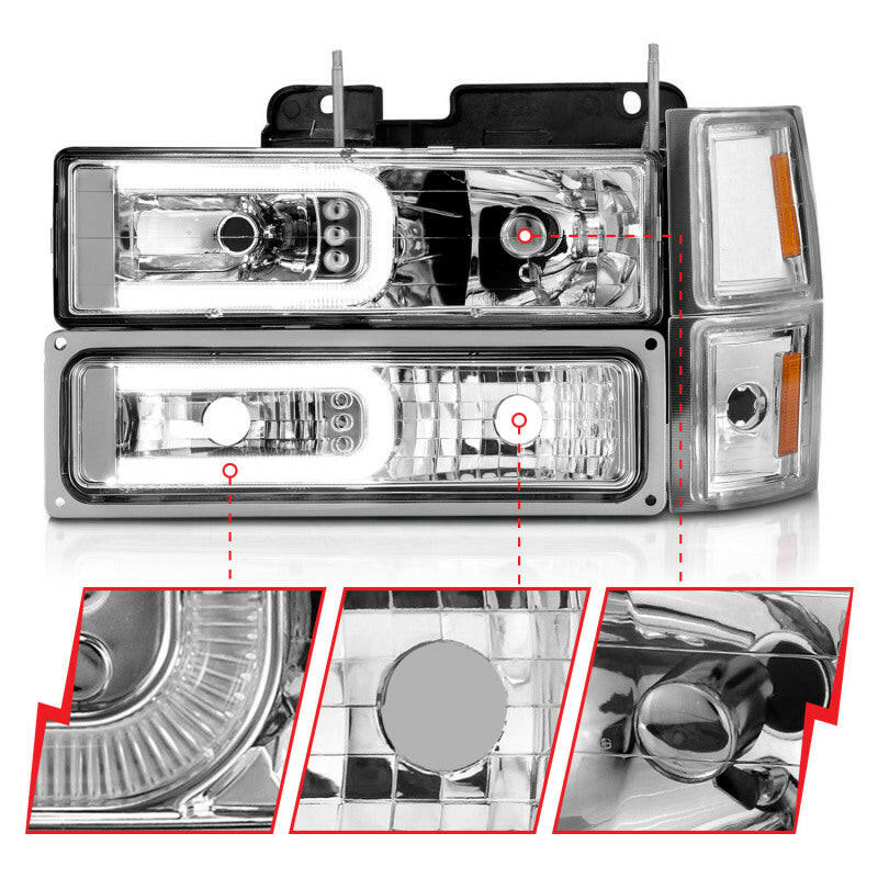 ANZO 88-98 Chevrolet C1500 Crystal Headlights w/Light Bar Chrome Housing w/ Signal Side Markers 8Pcs Headlights ANZO