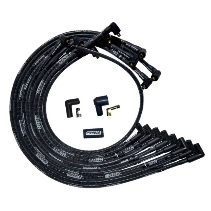 Moroso SBC Under Header 90 Deg Plug Non-HEI Sleeved Ultra Spark Plug Wire Set - Black Spark Plug Wire Sets Moroso