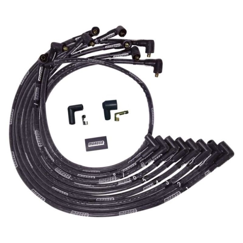 Moroso BBC Under Header 90 Deg Plug End Non-HEI Sleeved Ultra Spark Plug Wire Set - Black Spark Plug Wire Sets Moroso