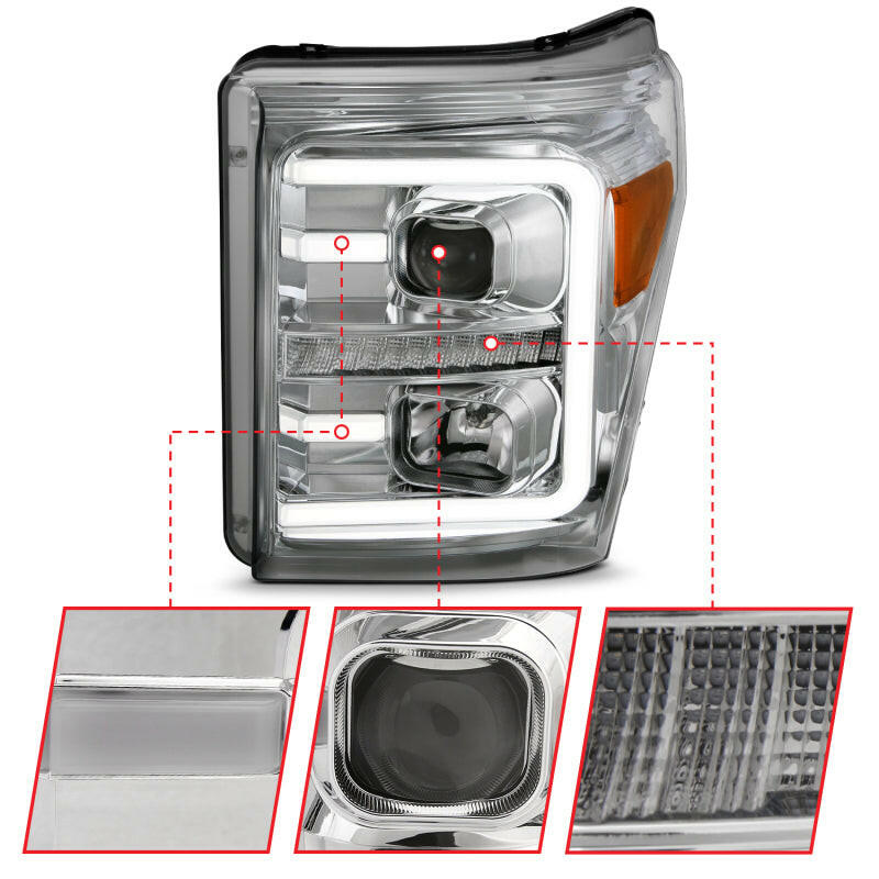 ANZO 11-16 Ford F-250/F-350/F-450 Projector Headlights w/ Plank Style Switchback Chrome w/Amber Headlights ANZO