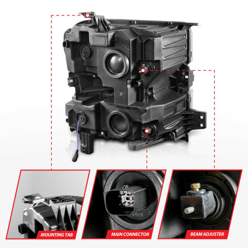 ANZO 19-22 Chevrolet Silverado 1500 LED Proj HL w/Lgt Bar SwBk Seq. Blk w/In. Light - Driver Side ON Headlights ANZO