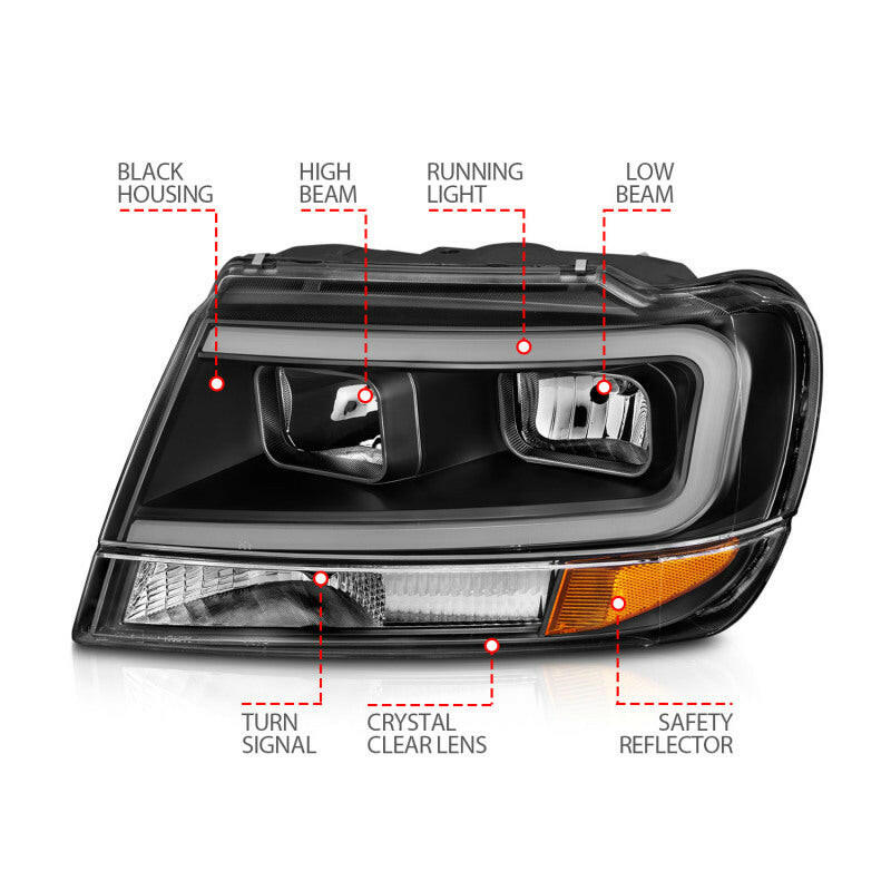 ANZO 99-04 Jeep Grand Cherokee Crystal Headlights - w/ Light Bar Black Housing Headlights ANZO