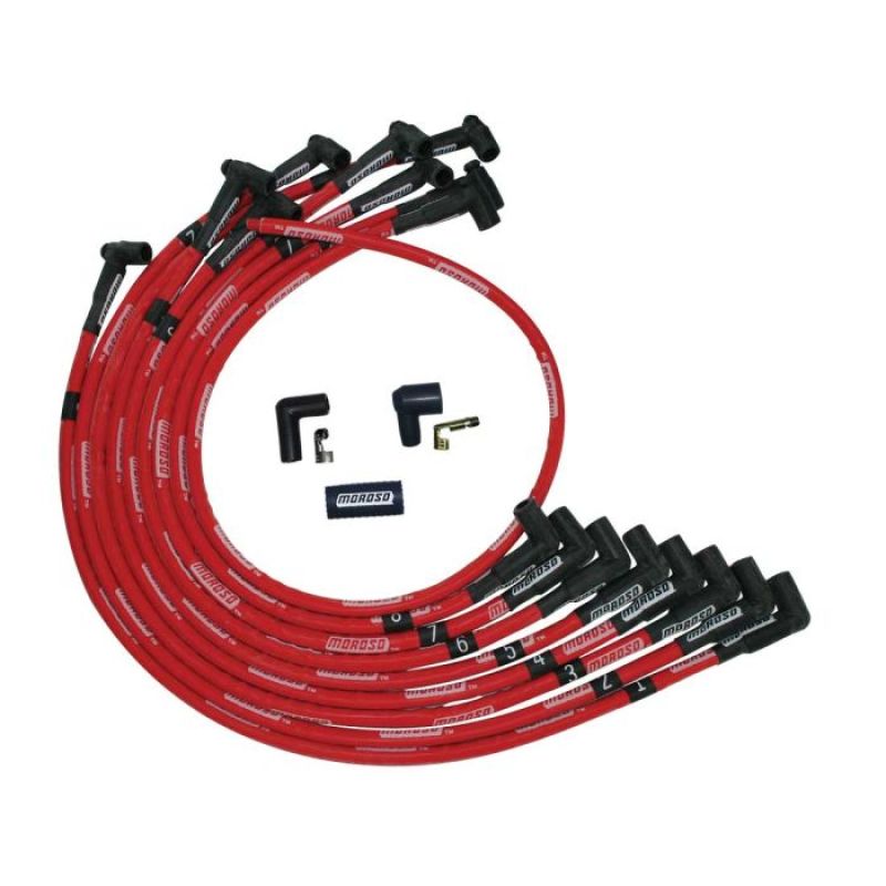 Moroso SBC Over Valve Cover 90 Deg Plug HEI Sleeved Ultra Spark Plug Wire Set - Red Spark Plug Wire Sets Moroso