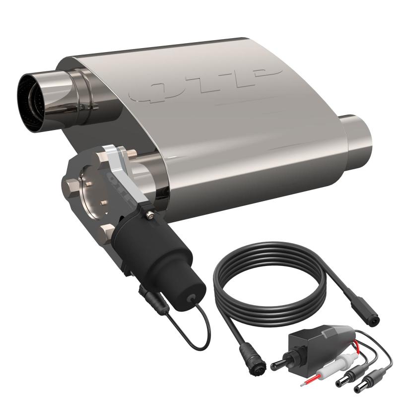 QTP 2.5in Weld-On 304SS Reverse Screamer Muffler Short Case w/Bolt-On QTEC Electric Cutout Muffler QTP