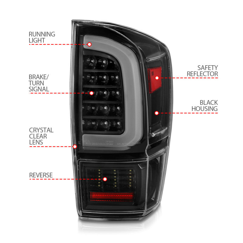ANZO 16-21 Toyota Tacoma LED Tail Lights - w/ Light Bar Sequential Black Housing & Clear Lens Tail Lights ANZO