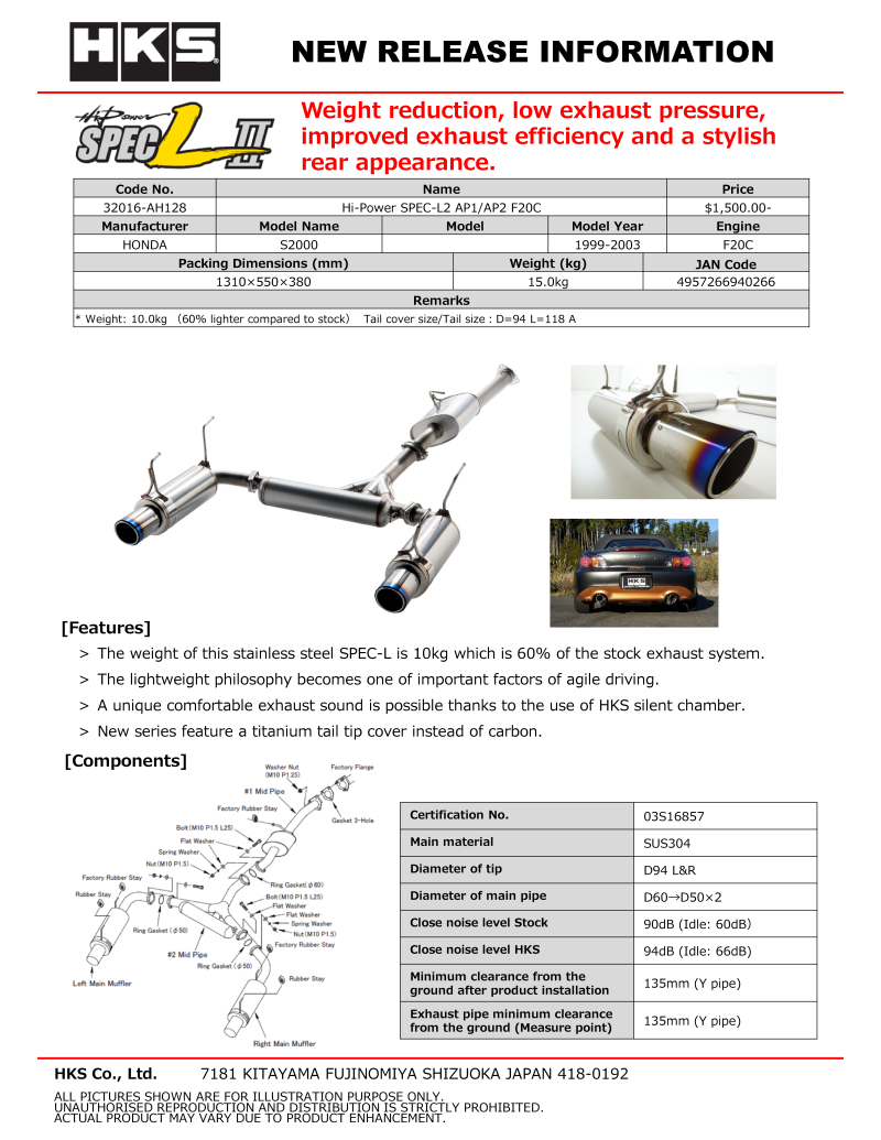 HKS Hi-Power Muffler SPEC-L II - AP2 F22C S2000 Honda Catback HKS