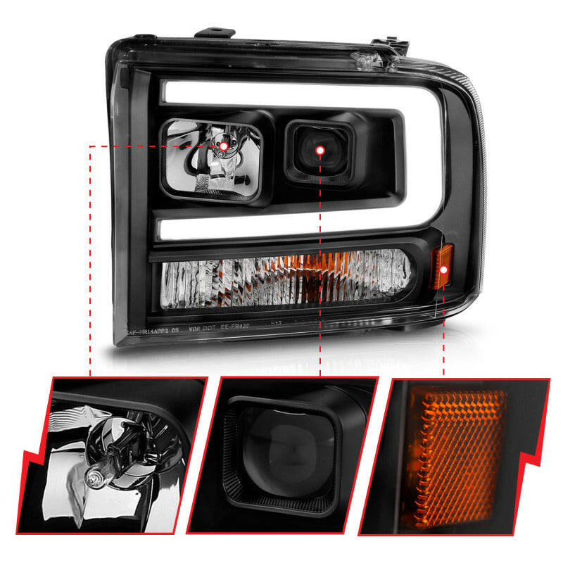 ANZO 99-04 Ford F250/F350/F450/Excursion (excl 99) Projector Headlights - w/ Light Bar Black Housing Headlights ANZO
