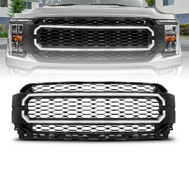 ANZO 21-23 Ford F150 Black Housing Full LED Light Tube Front Grille Headlights ANZO
