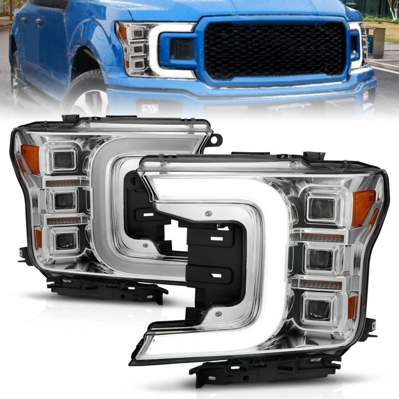 ANZO 18-20 Ford F-150 Full Led Projector Light Bar Style Headlights - Chrome Amber Headlights ANZO