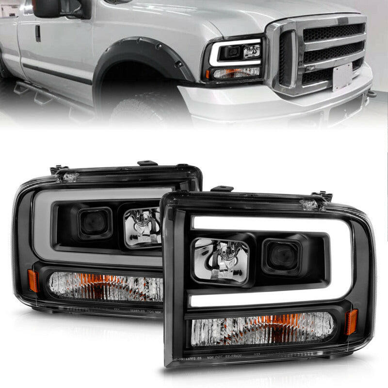 ANZO 99-04 Ford F250/F350/F450/Excursion (excl 99) Projector Headlights - w/ Light Bar Black Housing Headlights ANZO