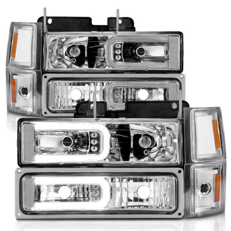ANZO 88-98 Chevrolet C1500 Crystal Headlights w/Light Bar Chrome Housing w/ Signal Side Markers 8Pcs Headlights ANZO