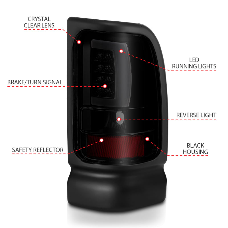 ANZO 1994-2001 Dodge Ram 1500 LED Taillights Plank Style Black w/Smoke Lens Tail Lights ANZO