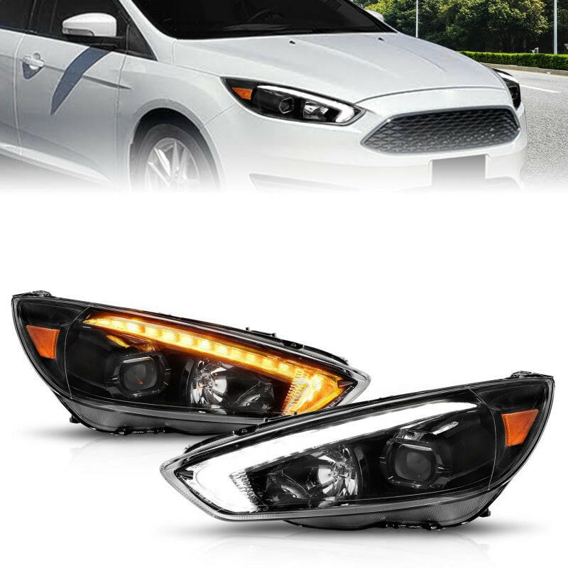 ANZO 15-18 Ford Focus Projector Headlights - w/ Light Bar Switchback Black Housing Headlights ANZO
