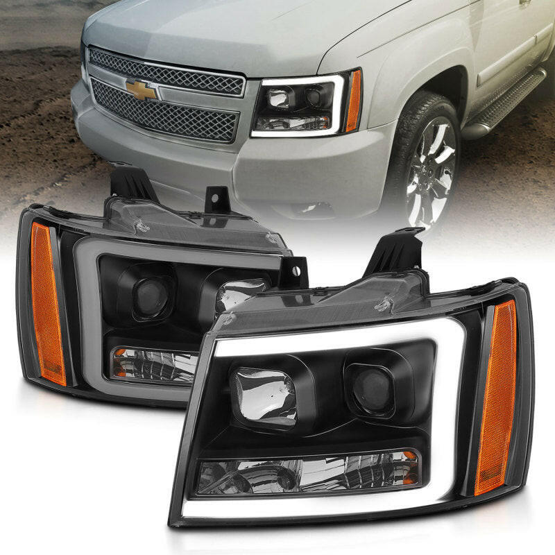 ANZO 07-14 Chevy Tahoe Projector Headlights w/ Plank Style Design Black w/ Amber Headlights ANZO