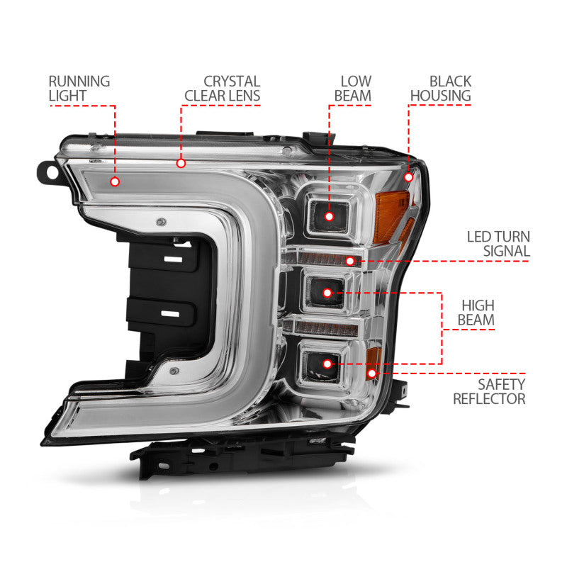 ANZO 18-20 Ford F-150 Full Led Projector Light Bar Style Headlights - Chrome Amber Headlights ANZO