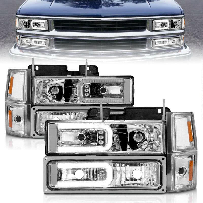 ANZO 88-98 Chevrolet C1500 Crystal Headlights w/Light Bar Chrome Housing w/ Signal Side Markers 8Pcs Headlights ANZO