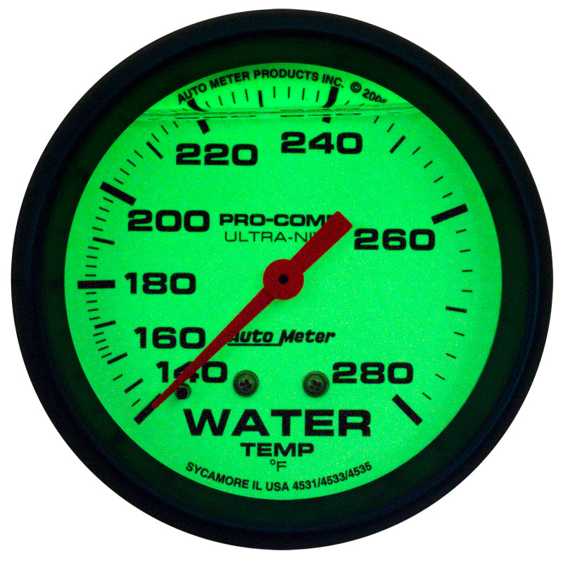 AutoMeter Gauge Wtemp 2-5/8in. 140-280 Deg. F Liq Filled Mech 4ft. Glow In Dark Ultra-Nite Gauges AutoMeter