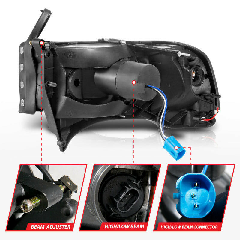 ANZO 94-02 Dodge RAM Crystal Headlight - w/ Light Bar Black Housing Headlights ANZO