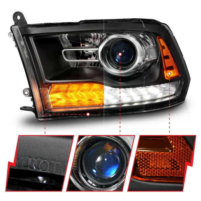 ANZO 09-18 Dodge Ram 1500/2500/3500 LED Plank Style Headlights Switchback + Sequential - Matte Black Headlights ANZO