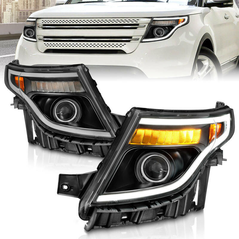 ANZO 11-15 Ford Explorer (w/Factory Halogen HL Only) Projector Headlights w/Light Bar Black Housing Headlights ANZO