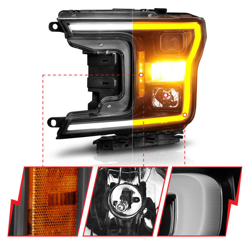 ANZO 2018-2020 Ford F-150 Projector Headlight w/ Plank Style Switchback Black Housing Headlights ANZO