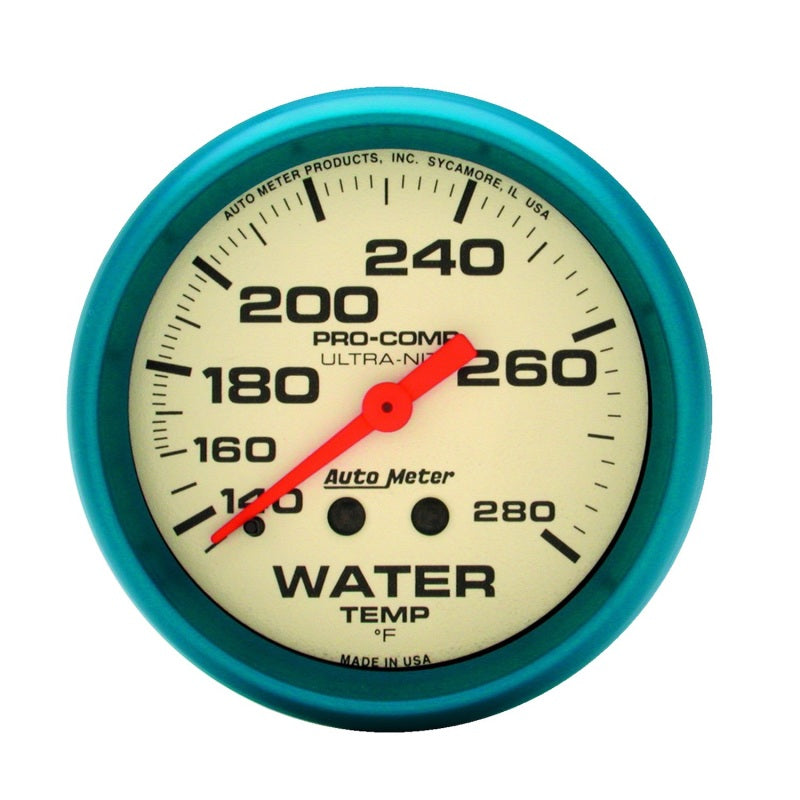 Autometer Ultra-Nite 2-5/8in 140-280 Deg F Mechanical Glow In The Dark Water Temp Gauge Gauges AutoMeter