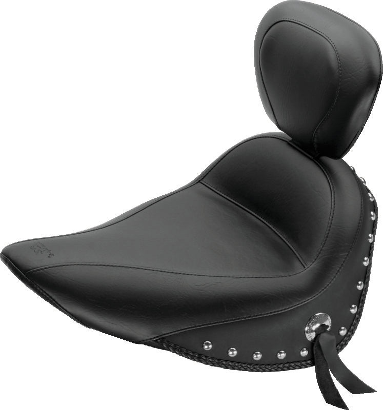 Mustang 84-06 Harley Standard Rear Tire Standard Touring Solo Seat w/Driver Backrest Studs - Black Solo Motorcycle Seats Mustang Motorcycle