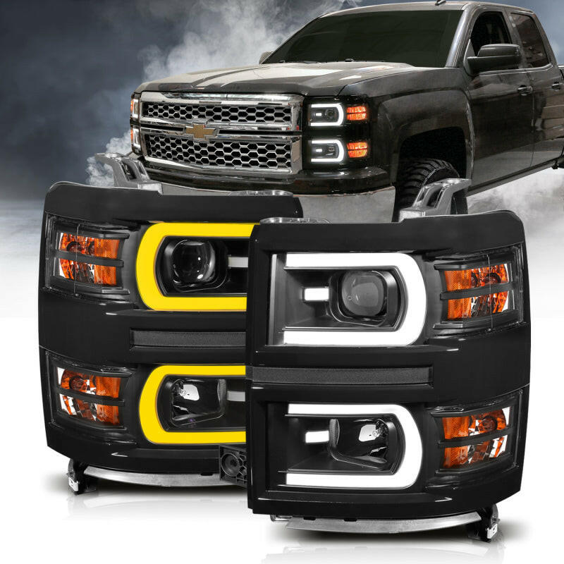 ANZO 14-15 Chevrolet Silverado 1500 Projector Headlights w/ Plank Style Switchback Black w/ Amber Headlights ANZO