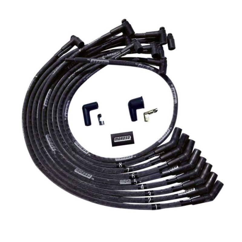 Moroso BBC Over Valve Cover 135 Deg Plug HEI Sleeved Ultra Spark Plug Wire Set - Black Spark Plug Wire Sets Moroso