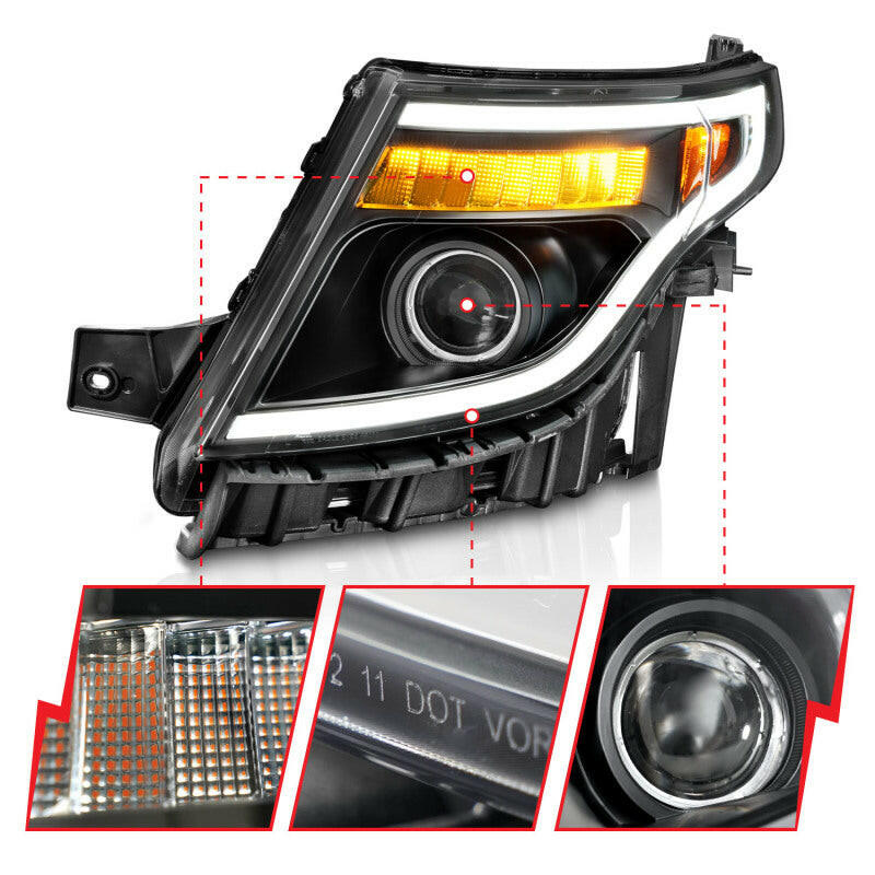ANZO 11-15 Ford Explorer (w/Factory Halogen HL Only) Projector Headlights w/Light Bar Black Housing Headlights ANZO