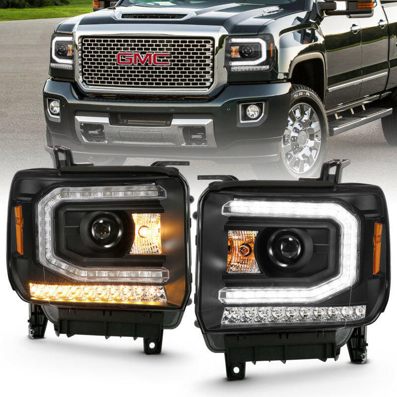 ANZO 2016-2019 GMC Sierra 1500 Projector Headlight Plank Style Black w/ Sequential Amber Signal Headlights ANZO
