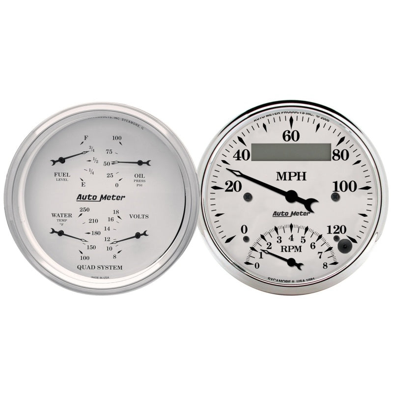 AutoMeter Gauge Kit 2 Pc. Quad & Tach/Speedo 3-3/8in. Old Tyme White Gauges AutoMeter