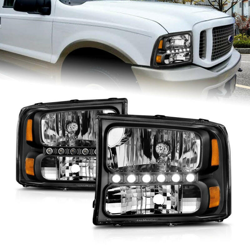 ANZO 2000-2004 Ford Excursion Crystal Headlights Black w/ LED 1pc Headlights ANZO