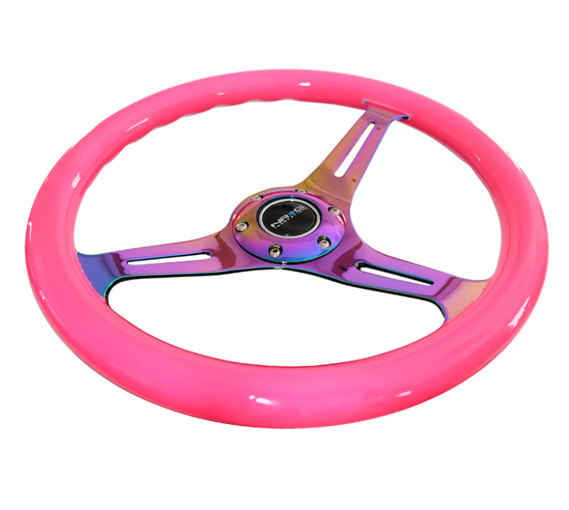 NRG Classic Wood Grain Steering Wheel (350mm) Neon Pink Painted Grip w/Neochrome 3-Spoke Center Steering Wheels NRG