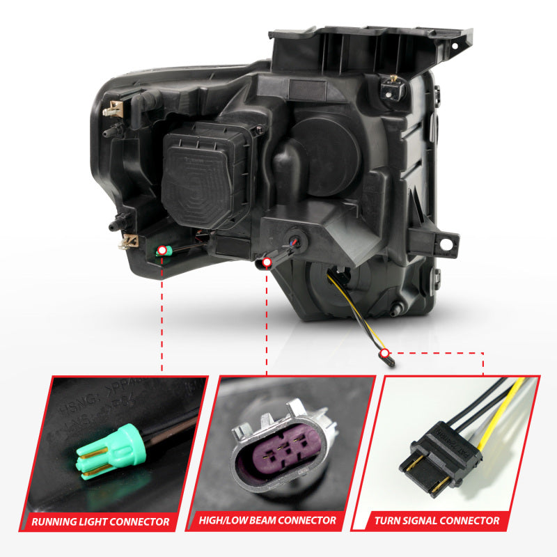 ANZO 09-14 Ford F-150 (Factory Halogen Model ONLY) Full LED Proj Headlights Init/SeqSig Black - Pair Headlights ANZO