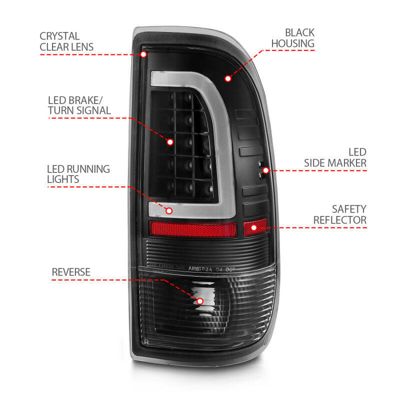 ANZO 1997-2003 Ford F-150 LED Tail Lights w/ Light Bar Black Housing Clear Lens Tail Lights ANZO