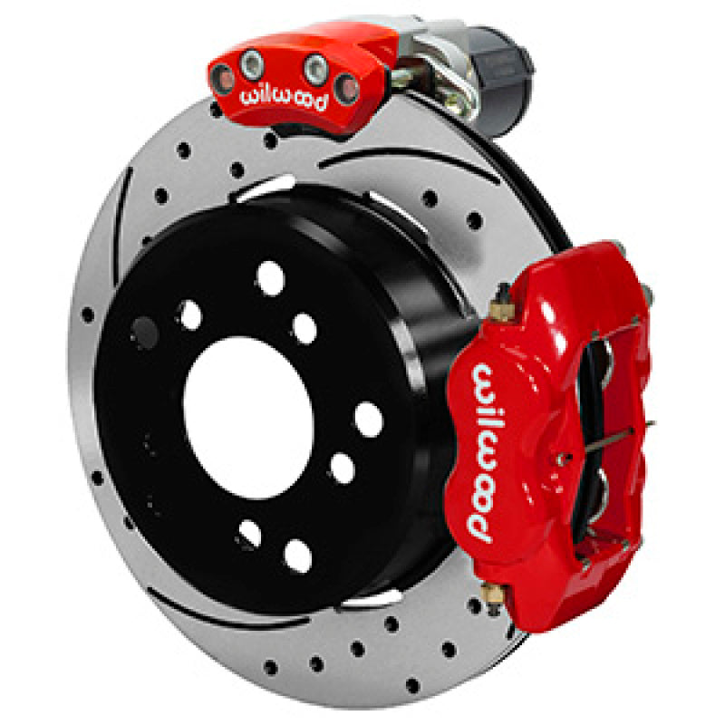 Wilwood Forged Dynalite Rear Electronic Parking Brake Kit - Red Powder Coat Caliper - D/S Rotor Brake Calipers - Perf Wilwood