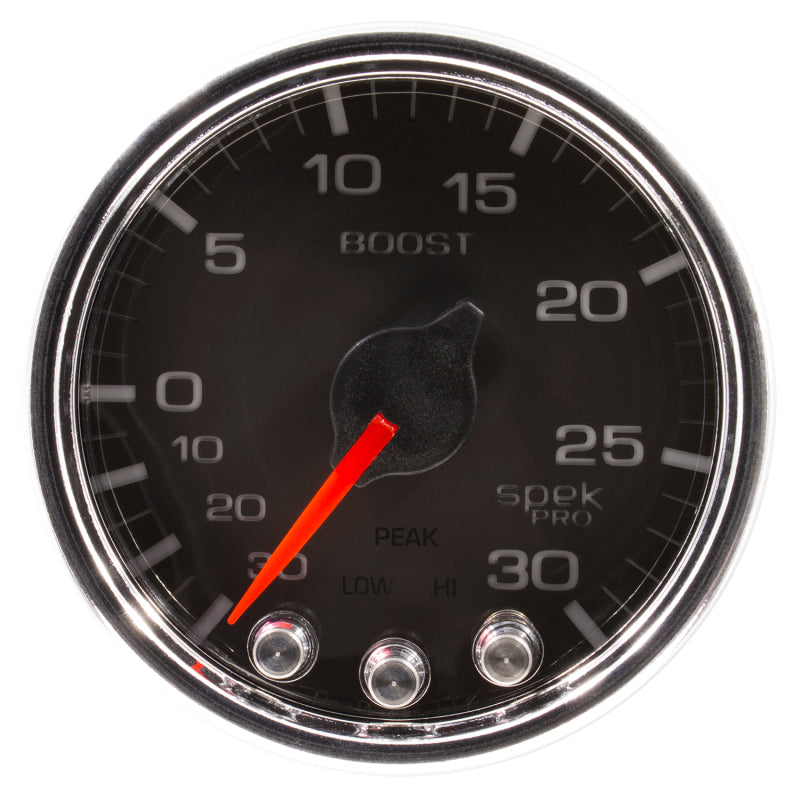 Autometer Spek-Pro Gauge Vac/Boost 2 1/16in 30Inhg-30psi Stepper Motor W/Peak & Warn Black/Chrome Gauges AutoMeter