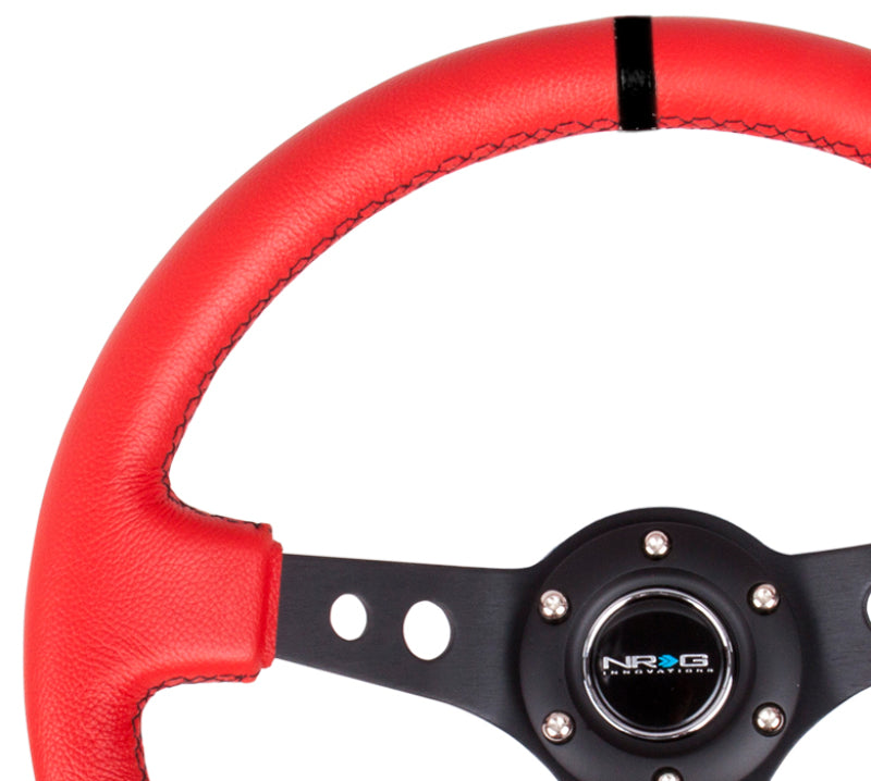 NRG Reinforced Steering Wheel (350mm / 3in. Deep) Red Suede w/Blk Circle Cutout Spokes Steering Wheels NRG