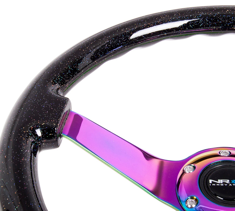 NRG Reinforced Steering Wheel (350mm / 3in. Deep) Classic Blk Sparkle w/4mm Neochrome 3-Spoke Center Steering Wheels NRG