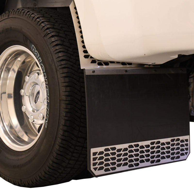 Putco 15-19 Chevy Silv/Sierra HD Dually - (Rear) - Set of 2 Mud Skins - Brushed SS w/ Hex Shield Mud Flaps Putco