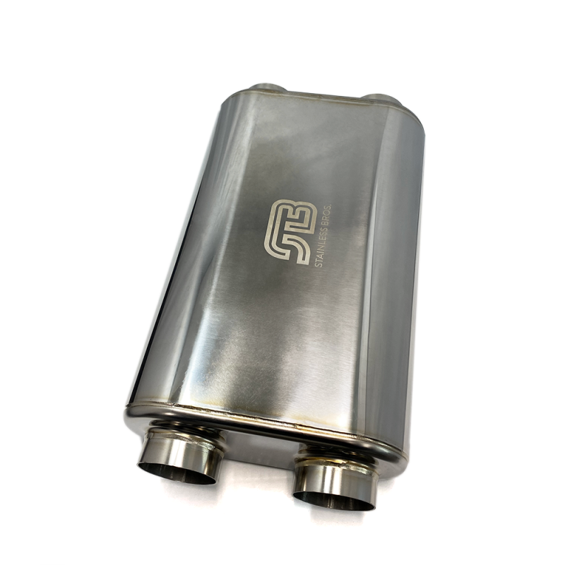 Stainless Bros 17in OAL 2.5in Oval SS304 Polished Finish Muffler - 2.5in Center In/Dual Out Muffler Stainless Bros