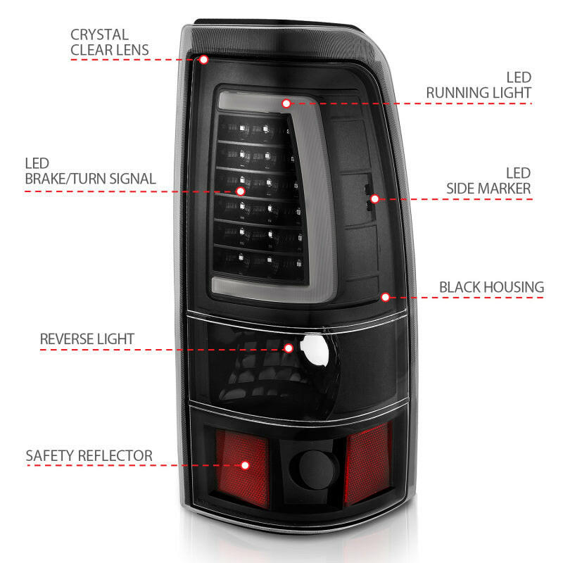 ANZO 1999-2002 Chevy Silverado 1500 LED Taillights Plank Style Black w/Clear Lens Tail Lights ANZO