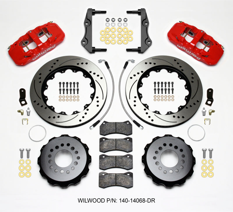 Wilwood AERO4 Rear Kit 14.25in Drilled Red 2014-Up Challenger w/Lines Big Brake Kits Wilwood