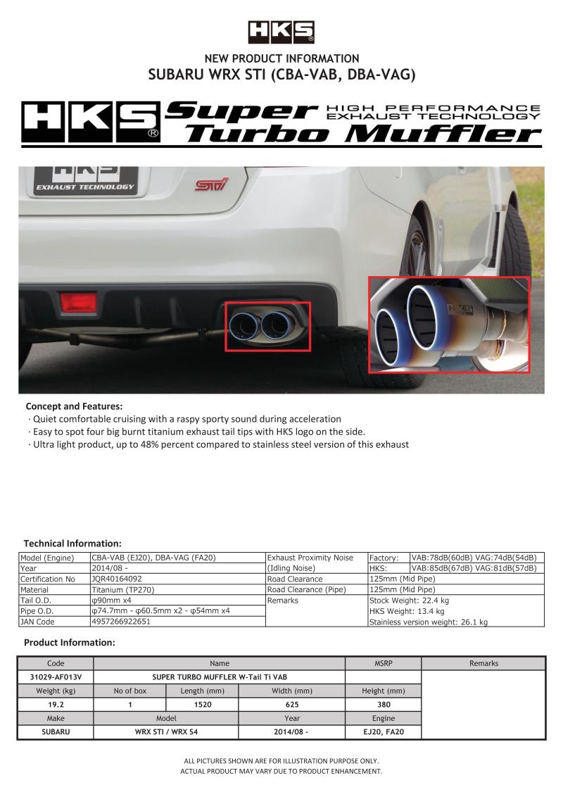 HKS SUPER TURBO MUFFLER Ti Subaru VAB WRX STI/VAG WRX S4 Catback HKS