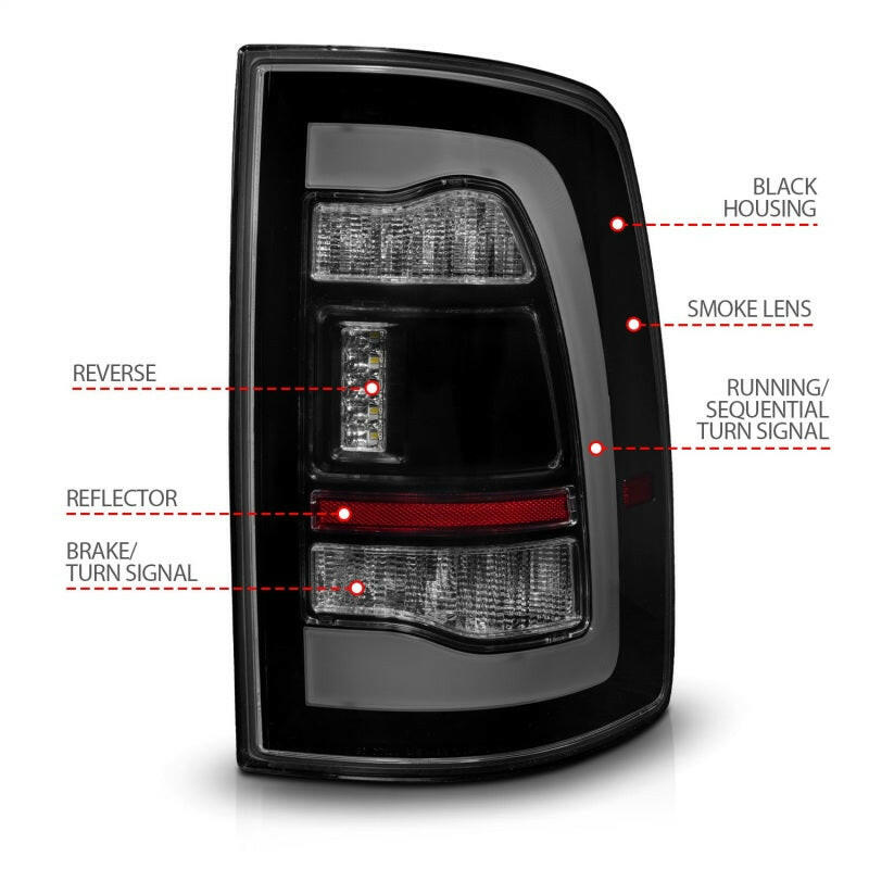 ANZO 09-18 Dodge Ram 1500 Sequential LED Taillights Smoke Black w/Switchback Amber Signal Tail Lights ANZO