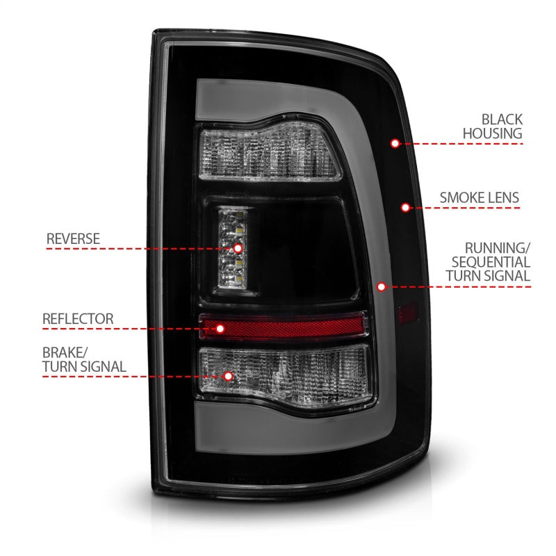 ANZO 09-18 Dodge Ram 1500 Sequential LED Taillights Smoke Black Tail Lights ANZO
