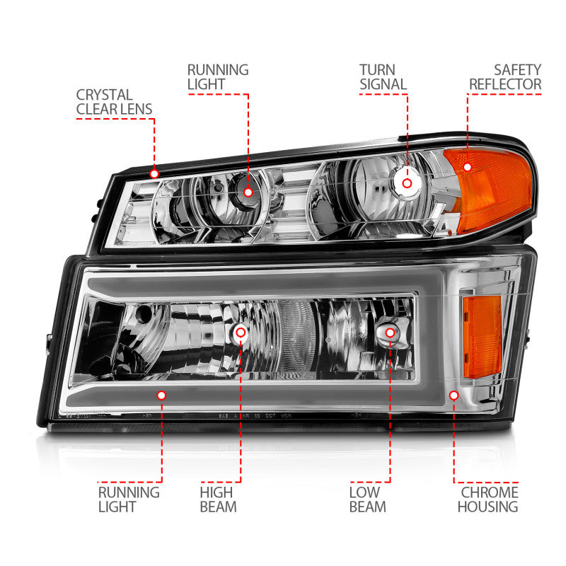 ANZO 04-12 GM Colorado/Canyon/I-Series Crystal Headlights - w/ Light Bar Chrome Housing 4pcs Headlights ANZO