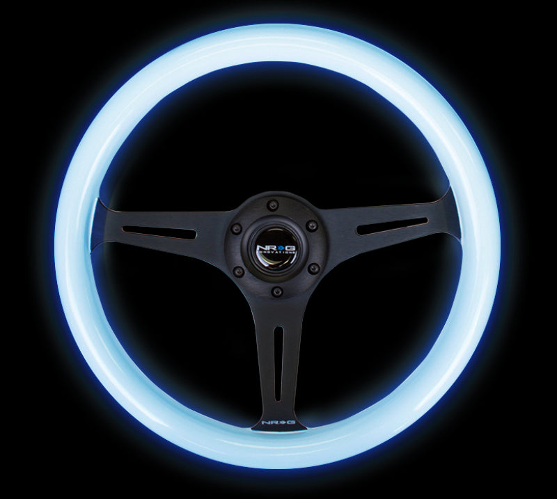 NRG Classic Wood Grain Steering Wheel (350mm) Glow-In-The-Dark Blue Grip w/Black 3-Spoke Center Steering Wheels NRG