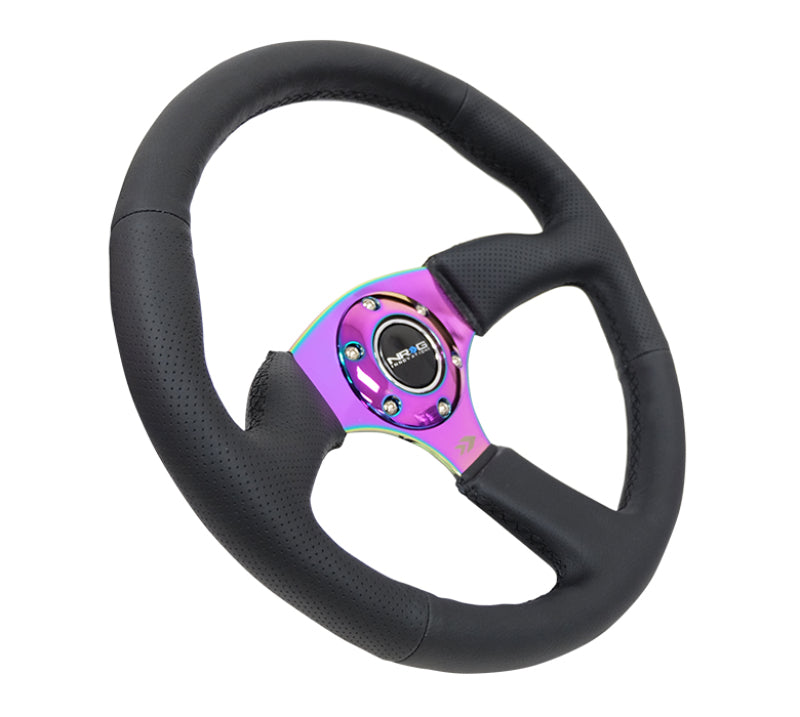 NRG Reinforced Steering Wheel (350mm / 2.5in. Deep) Leather Race Comfort Grip w/4mm Neochrome Spokes Steering Wheels NRG
